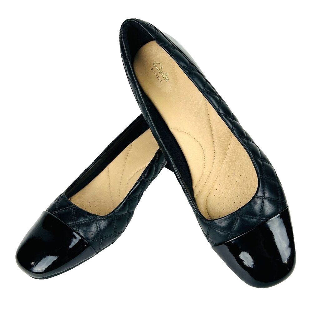 Clarks Tealia Sera Black Patent Leather Pumps Quilted Square Toe Shoes Womens 11